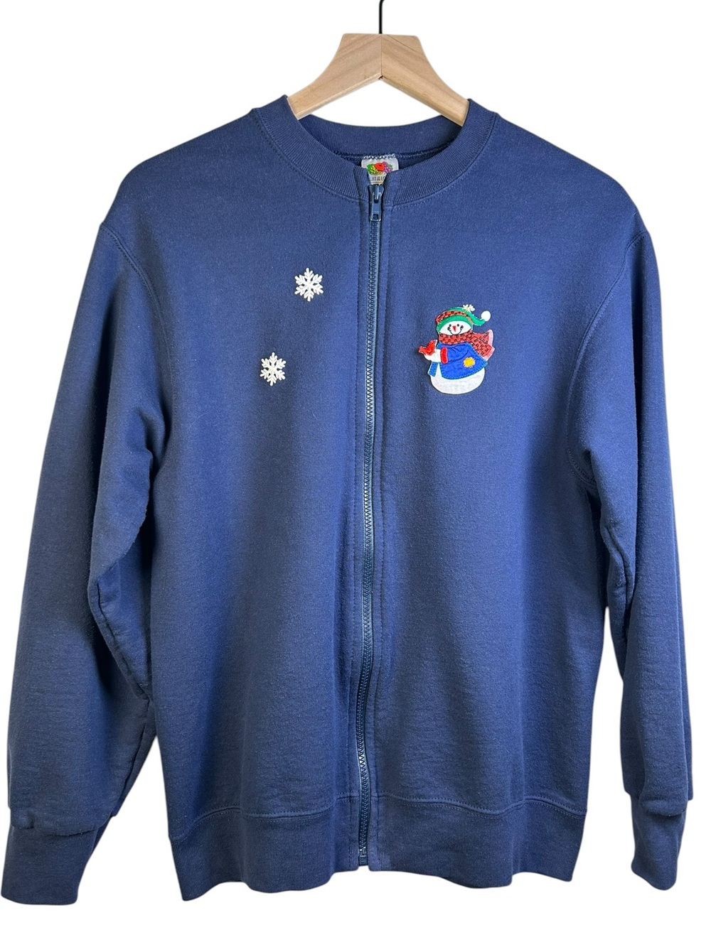 VTG 90s FRUIT OF THE LOOM Snowman Christmas Full Zip Sweatshirt Navy M Granny
